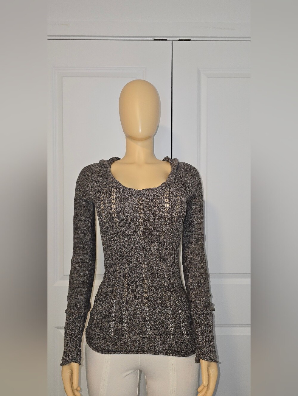 DKNY Women’s Gray Taupe Knit Scoop Neck Hooded Sweater